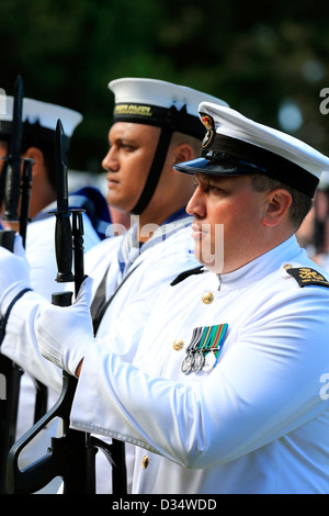 Royal New Zealand Navy parade at Waitangi Treaty Grounds during Waitangi Day celebrations Stock Photo