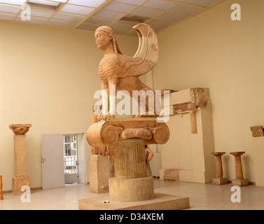 Ancient Greek sphinx (570BC) in Delphi Archaeological Museum, Delphi, Mount Parnassus, Central Greece Region, Greece Stock Photo