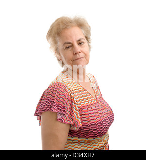 Portrait of confident middle aged woman looking over her right shoulder isolated on white background Stock Photo