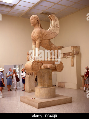 Ancient Greek sphinx (570BC) in Delphi Archaeological Museum, Delphi, Mount Parnassus, Central Greece Region, Greece Stock Photo