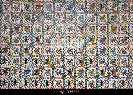 Historic tiled wall with satyrs, centaurs, goats and other mythical creatures, Real Alcazar, Seville, Spain, Andalusia region. Stock Photo