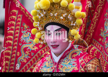 Sunday, 10 February 2013, London, UK. London marks the 'Year of the Snake' with the largest Chinese New Year celebrations outside China. Participants at the Chinese New Year parade in Charing Cross Road, Chinatown. Characters in traditional chinese costumes. Photo: Nick Savage/Alamy Live News Stock Photo