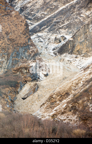 Debris from an avalanche on Machapuchare or Fishtail Peak in the Annapurna Himalaya, Nepal. Stock Photo