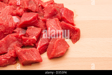 Fresh raw diced red beef meat (chopped in cubes) in a styrofoam container  with copy space for text. Weighing diced meat on scales Stock Photo - Alamy