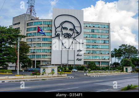 Camilo Cienfuegos, Fidel Castro's right-hand man and confident during the revolution, is outlined in iron on the front façade Stock Photo
