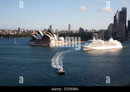 Silversea’s Millennium Class ship – Silver Shadow passing in front of the Sydney Opera House Sydney Australia Stock Photo