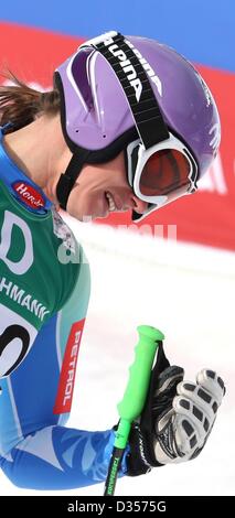 Tina Maze of Slovenia reacts during the women's downhill event at the Alpine Skiing World Championships in Schladming, Austria, 10 February 2013. Photo: Karl-Josef Hildenbrand/dpa Stock Photo