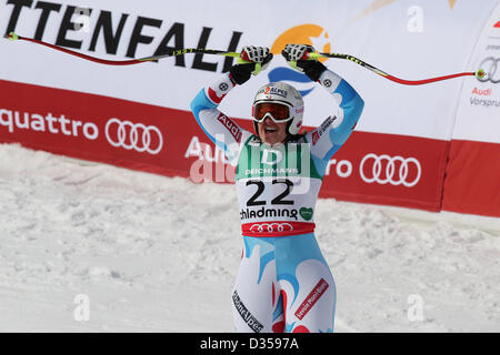 10.02.2013, Schladming, Austria. Marion Rolland (FRA) celebrates at the finish line during the ladies downhill of the FIS Alpine World Ski Championships 2013 Stock Photo