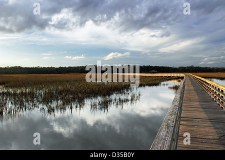 A wooden boardwalk extends out over a coastal wetland in South Carolina, USA. Stock Photo