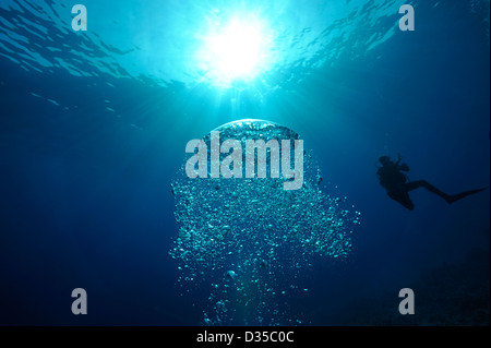 Underwater view of bubbles rising to the surface, bubbles from divers Stock Photo