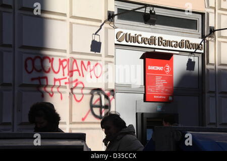 Rome, Italy. 10 Feb 2013 Protest graffiti by bank in Rome. Stock Photo