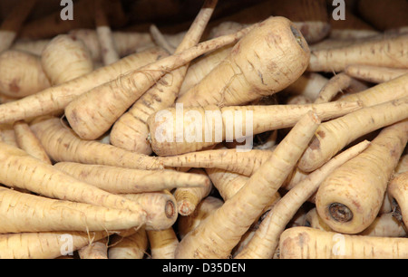 A box full of parsnip Stock Photo