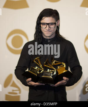 Feb. 10, 2013 - Los Angeles, California, USA - Skrillex receives Grammy for Best Dance Recording ''Bangarang''at Staples Center in Los Angeles, California on Sunday February 10, 2013. (Credit Image: © Armando Arorizo/Prensa Internacional/ZUMAPRESS.com) Stock Photo