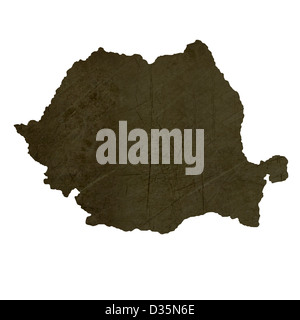 Dark silhouetted and textured map of Romania isolated on white background. Stock Photo