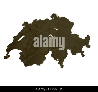 Dark silhouetted and textured map of Switzerland isolated on white background. Stock Photo