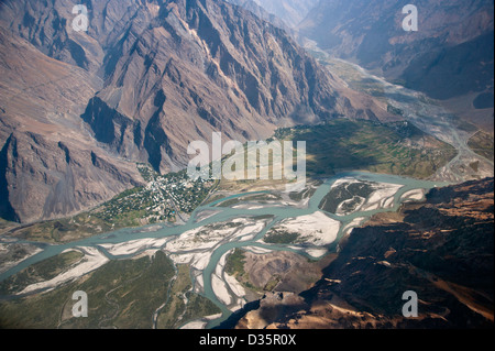 Aerial view of the Tajik-Afghan border near the town of Rushan, Gorno Badakhshan, Tajikistan Stock Photo