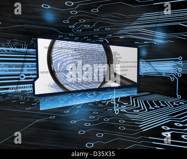 Screen showing binary code and magnifying glass in circuit board Stock Photo