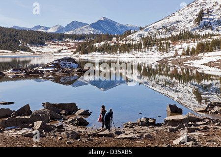 photographer at Tioga Lake, Yosemite National park, California, United States of America, USA Stock Photo