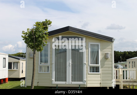 Exterior of modern static caravan in trailer park, Cayton Bay, England. Stock Photo