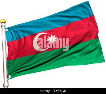 Azerbaijan flag on a flag pole. Clipping path included. Silk texture visible on the flag at 100%. Stock Photo