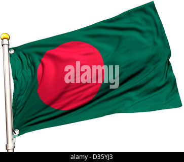 Bangladesh flag on a flag pole. Clipping path included. Silk texture visible on the flag at 100%. Stock Photo