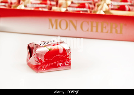 Mon Cheri bonbon and a chocolate box Stock Photo