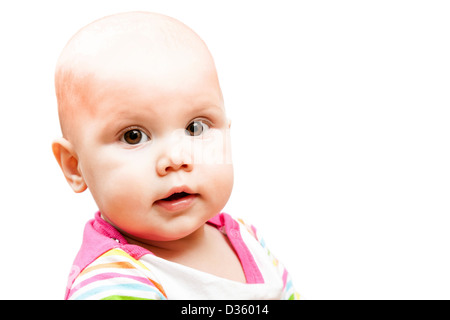 Little brown eyed baby portrait isolated on white background Stock Photo