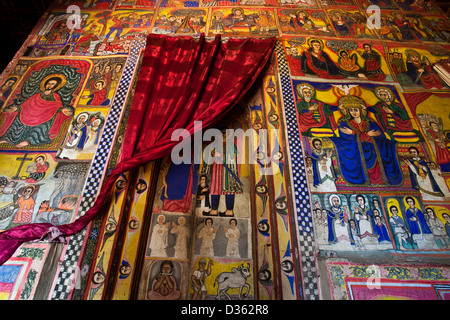 Colourful Wall Paintings, Bet Maryam Monastery, Lake Tana, Bahir Dar, Ethiopia Stock Photo