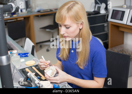Dental lab technician applying porcelain to dentition mold in a lab Stock Photo