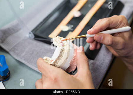 Closeup of a dental technician applying porcelain to a dentition mold with a brush in a lab Stock Photo