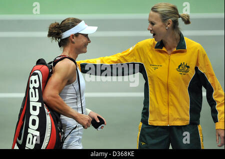 Australia's Samantha Stosur (left) lost the 1st round Fed Cup match against Lucie Safarova, Czech Republic and Australia in Prague, February 9, 2013. Pictured right is captain Alicia Molik. (CTK Photo/Jaroslav Ozana) Stock Photo