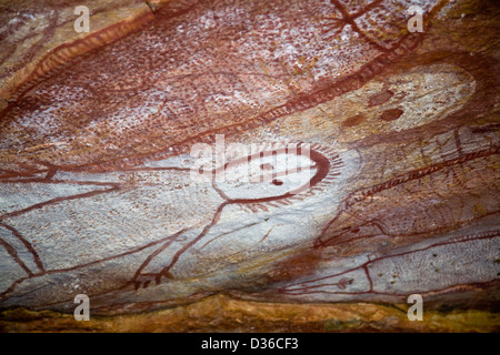 Wandjina figures created by the Worrorra people, Kimberley region, Raft Point, Collier Bay, Western Australia. Stock Photo