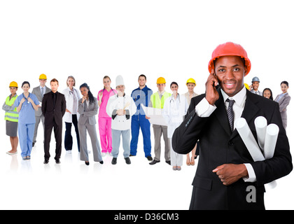 Architect on the phone in front of career group Stock Photo