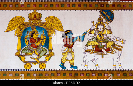 Painting in the Sri Meenakshi Amman Temple Hindu ( dedicated to Parvati - Meenakshi-  Shiva- Sundareswarar )  Madurai India Stock Photo