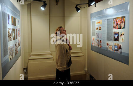 The exhibition, entitled Research of tomb and relics of Tycho Brahe, which was launched on 11 February at the Prague Academy of Sciences, presents the results of collaboration of archaeologists, anthropologists, historians, physicians, physicists, chemists and conservators from academic institutions, universities and other institutions within the Danish-Czech project. Visitor of the exhibition is seen in Prague, Czech Republic, February 11, 2013. (CTK Photo/Michal Krumphanzl) Stock Photo