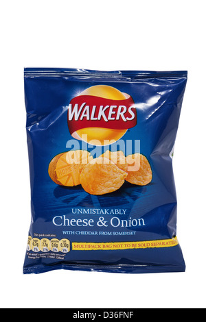 A packet of Walkers Cheese & Onion potato crisps with the new design packaging on a white background Stock Photo