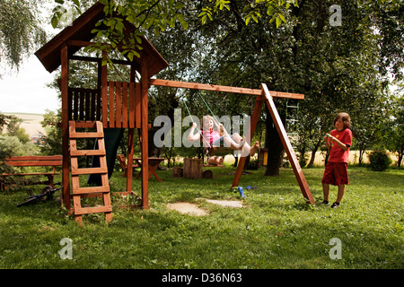 happy children playing on the playgroundr Stock Photo