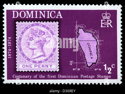 Dominica map, postage stamp, Dominica, 1974 Stock Photo