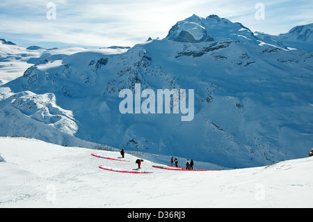 Paraglider before take off in the swiss Alps Stock Photo