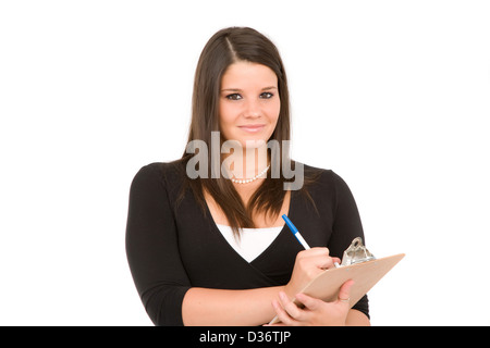 Pretty young woman with clipboard on white background. Taking inventory, checking checklist. Stock Photo