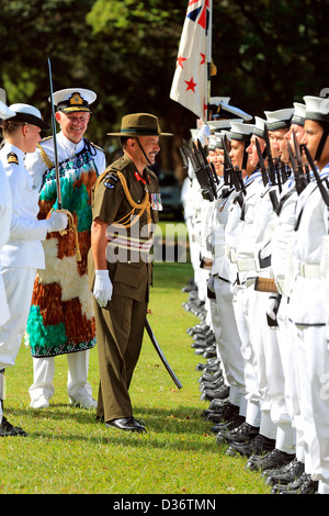 Royal New Zealand Navy inspection at the Waitangi Treaty Grounds during Waitangi Day celebrations. Stock Photo