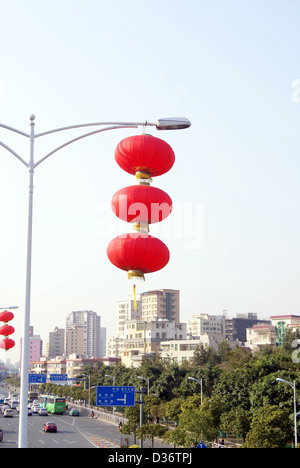 Shenzhen China, hang the red lanterns on the highway. Stock Photo