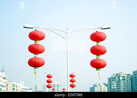 Shenzhen China, hang the red lanterns on the highway. Stock Photo