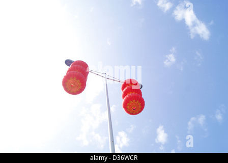 Shenzhen China, hang the red lanterns on the highway. Stock Photo