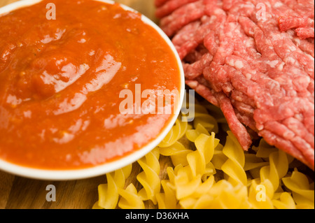 Close up of ingredients required to make a basic pasta dish Stock Photo