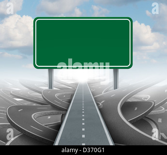 Strategy blank sign as a clear plan and solutions for business leadership with a straight path to success choosing the right strategic road with a green highway signage with copy space on a sky background. Stock Photo