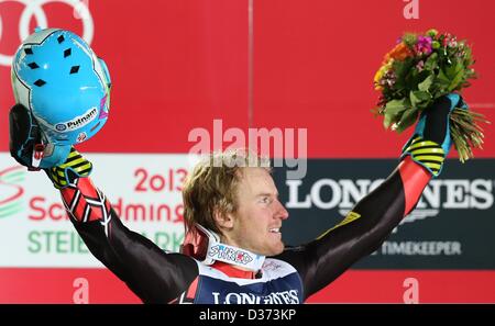 Schladming, Austria, 11th February 2013. Ted Ligety of US reacts during the second run of the men's super combined-downhill at the Alpine Skiing World Championships in Schladming, Austria, 11 February 2013. Photo: Karl-Josef Hildenbrand/dpa. Credit dpa/Alamy Live News Stock Photo