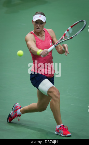 Australia's Samantha Stosur (left) lost 1st round Fed Cup match against Petra Kvitova Czech Republic vs Australia in Ostrava Stock Photo