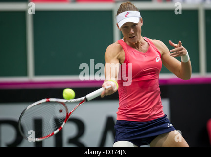 Australia's Samantha Stosur (left) lost 1st round Fed Cup match against Petra Kvitova Czech Republic vs Australia in Ostrava Stock Photo