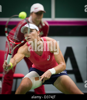 Australia's Samantha Stosur (left) lost 1st round Fed Cup match against Petra Kvitova Czech Republic vs Australia in Ostrava Stock Photo